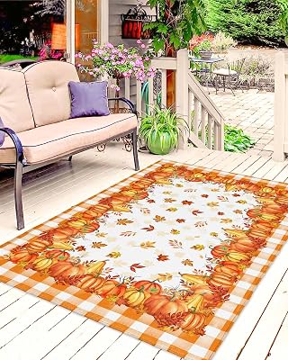 Outdoor Rug 4 x 6, Fall Orange Pumpkin Large Area Rugs for PatioRVDeckPorchIndoors, Thanksgiving Maple Leaf Plaid Check Water Absorption Camping Rug Carpet, Lightweight Washable Rug Runners
