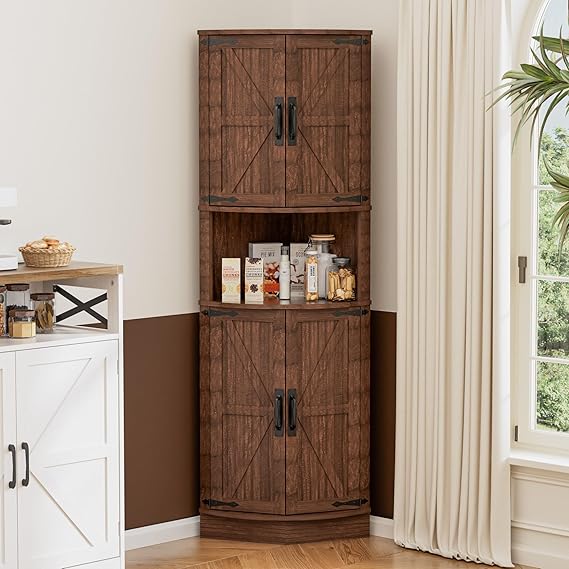 BonVache Tall Corner Storage Cabinet,5-Tier Sideboard with Barn Doors,Brown