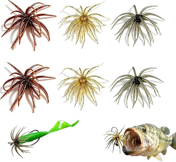 6pcs Soft Octopus Baits, Finesse Worm for Bass Trout Fishing, Bionic Tentacle Creature Lure with Reflective Flakes for Freshwater Saltwater, Weightless Rig/Jig Head Rig/Drop Shot Rig