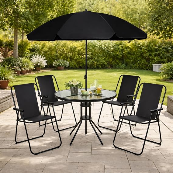 4 Seater Patio Dining Set with Parasol, Glass Table & Foldable Chairs | Outdoor furniture, Tempered glass table, 4 foldable chairs, Balcony & garden use, Black finish