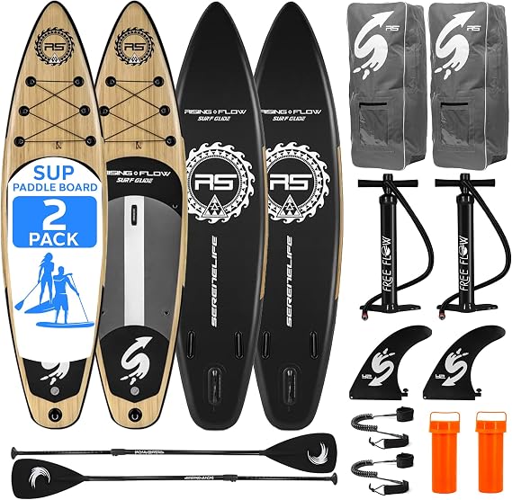 SereneLife Set of 2 Inflatable Stand Up Paddle Boards with Premium Accessories SUP Pair with 32" Wide Stable Design, Non-Slip EVA Deck Pad for Adults and Youth of All Skill Levels, 350 lbs Capacity