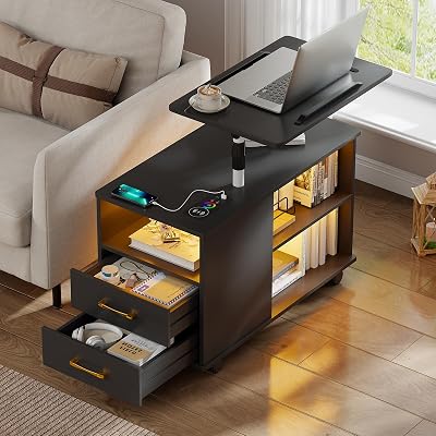 Nightstand with Charging Station, Bedside Table with LED Lights, Smart Side End Tabel Has Adjustable Rotary TableStorage Drawerfor BedroomLivingroom-Black