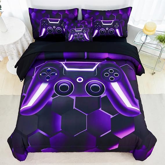 RYNGHIPY Gaming Comforter Set for Boys 3D Gamer Bed in a Bag for All Seasons Purple Video Game Contoller Bedding Set with Sheets (Purple,Queen)