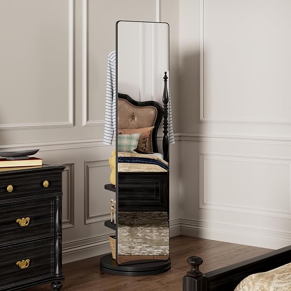 CHANCEE 360 Rotating Mirror Coat Rack, Solid Wood Standing Mirror with Storage Hooks and Shelves, Space-Saving Multifunctional Organizer for Bedroom, Living Room, or Cloakroom (Black)