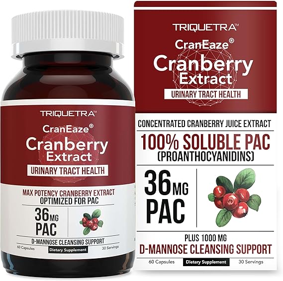CranEaze: Cranberry Juice Extract Plus D-Mannose 36 mg PAC, 100% Soluble PAC - Supports Urinary Tract Health Most Effective Cranberry Pills for Women, UTI Cranberry Supplement - 60 Capsules