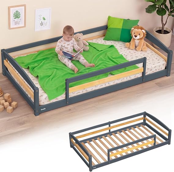 Twin Floor Bed with Safety Guardrails, 2 Openings and 14 supportive slats