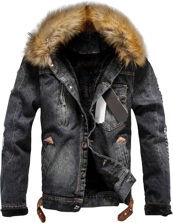 Mens Denim Jacket Plus Cotton Warm Fur Collar Sherpa Lined Denim Coat Vintage Fleece Cowboy Jean Jackets