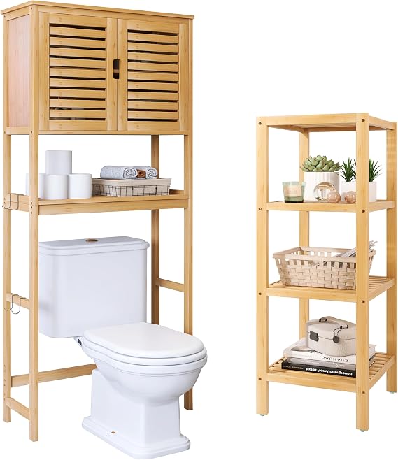 SMIBUY Bathroom Over The Toilet Storage Cabinet and Bathroom Storage Shelf, 2 Door Bamboo Cabinet Organizer and 4-Tier Bamboo Rack Organizer (Natural)