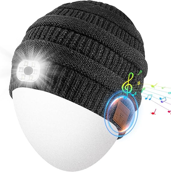 Rotibox Bluetooth Beanie Hat with Light, Music Knit Hat with Headphones for Outdoor Sports,Gifts for Men, Stocking Stuffers for Men