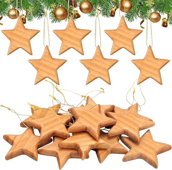 Henoyso 12 Pcs Wood Grain Star Ornaments 2.8" Christmas Tree Hangings