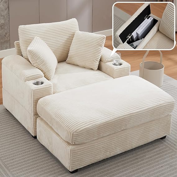 HRVEOCEI Chaise Lounge Chair Indoor, Corduroy Lounge Chair for Bedroom with Storage and 2 Comfy Pillows, Moveable Ottomans, Cup Holder Wide Arms High-Density Foam (Beige 1)