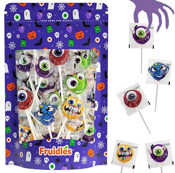 Fruidles 20-Count Halloween Monster Lollipop, Monster Variety Suckers Candy, Great for Halloween Goody Bag Fillers, Individually Wrapped