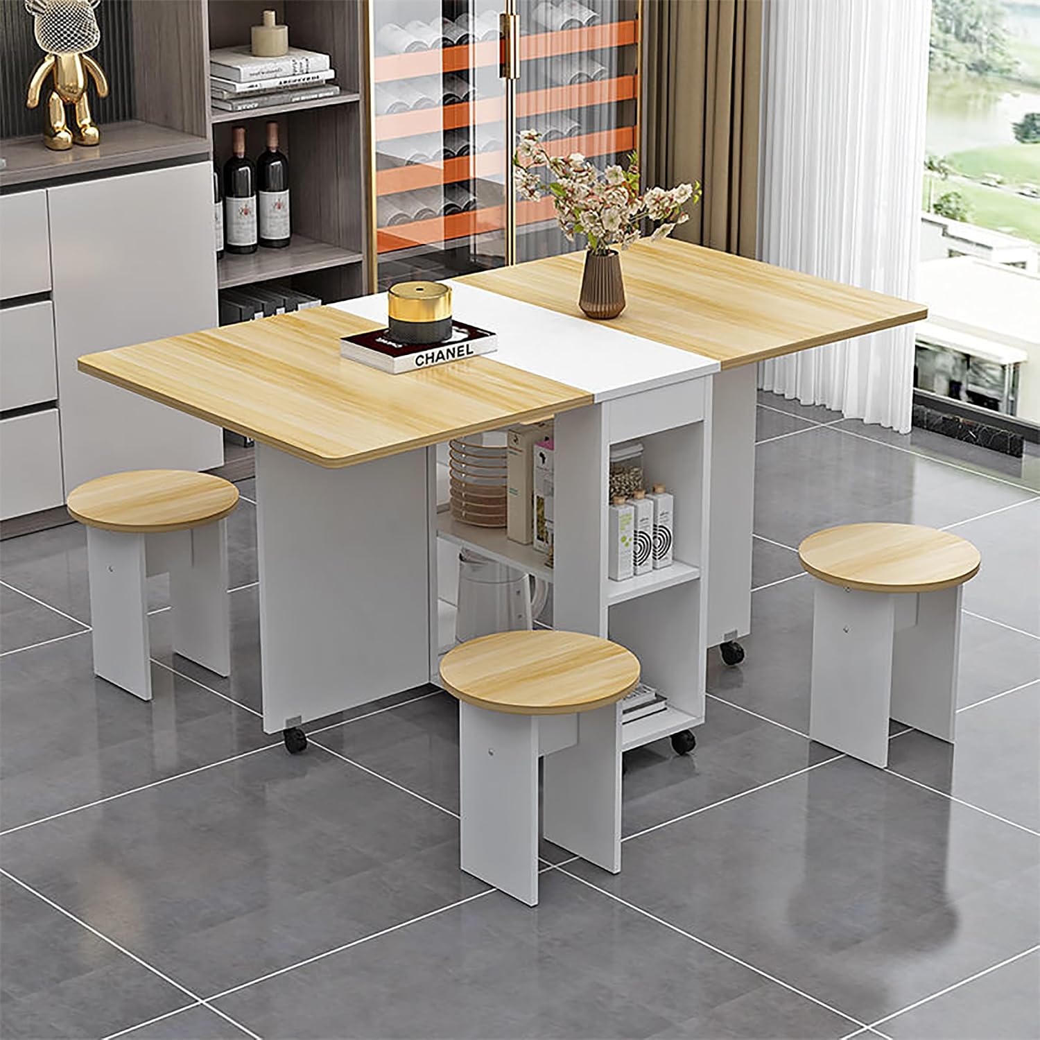 Dining Table, Foldable, Dining Table Set, Folding Table, Chair Set, Rolling Folding Dining Table Set, Extendable, Folding Table with Drawers Storage, Dining Table Storage, Set for 2-4 People, Small