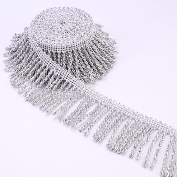 Silver Bullion Fringe Trim Chainette Tassel Trim for Sewing, DIY Crafts, Lampshade, Pillow, Curtain, Costume, Latin Dance Dress & Home Decor(3 Yards, 1.8 Inch)