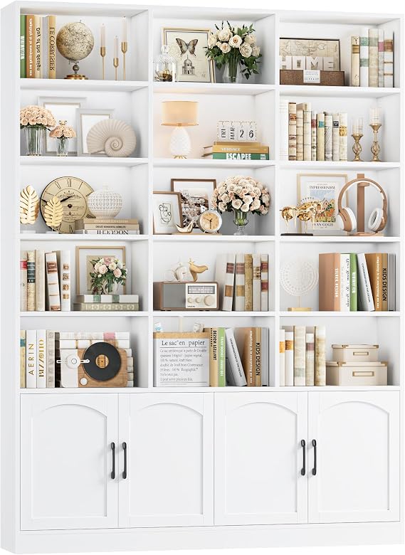 82.3" Triple Wide Bookshelf, Tall Bookcase with 4 Doors, White | 7-Tier Tall Bookshelf with 15 Display Shelves, Modern Large Bookshelf with Storage Cabinet, for Living Room, Office, Study