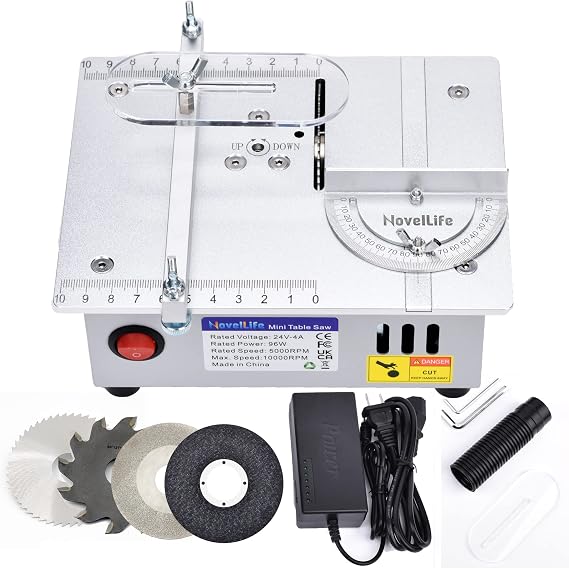 Mini Hobby Table Saw Handmade Woodworking Bench Saw DIY Model Crafts Cutting Tool with Adjustable Power Supply 63mm HSS Circular Saw Blade (R2)