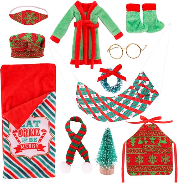 24 Days Elf Kit, Christmas Elf Kit Cute Mini Accessories with Sleeping Bag Bathrobe Hat Glasses Eyepatch Shawl Hammock Doll Accessories for Doll Decorations Style 2