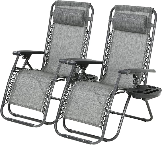 PayLessHere Set of 2 Folding Lounge Chair Adjustable Zero Gravity Chair Beach Chair Textilene Lawn Patio Chair with Removable Pillow and Cup Holder for Poolside Backyard Lawn Beach,Grey