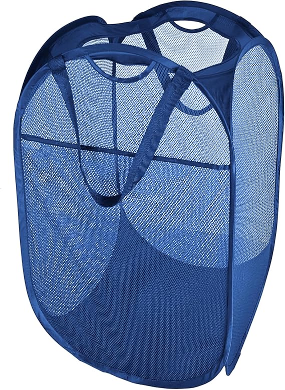 Smart Design Deluxe Mesh Pop Up Square Laundry Hamper w/ Side Pocket & Handles - VentilAir Fabric Collapsible Design - for Clothes & Laundry - Home - (Holds 2 Loads) (14 x 23 Inch) [Blue]