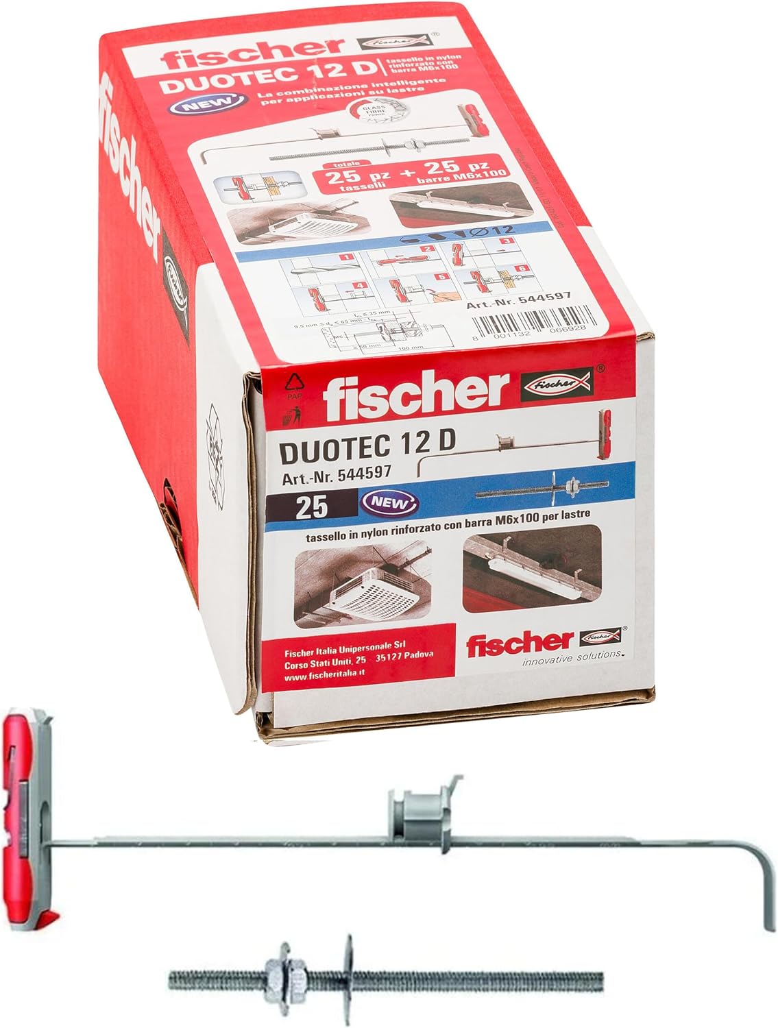 Fischer DUOTEC 12 Plasterboard Dowels with M6 Metric Screw, Anchor Fixing for High Loads on Panels and Plates, 12 mm Hole with Screw 544597, Grey