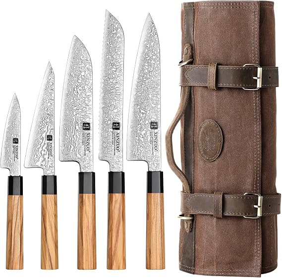 XINZUO 5 Pieces Damascus Chef Knife Set with Roll Bag
