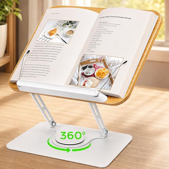 Wooden Book Stand Height Adjustable up to 39 cm 360° Rotating Reading Stand Foldable Ergonomic Book Holder for Cookbook Thick Books Tablet Laptop Magazines Recipe Holder with Side Clips
