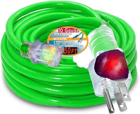 10 Gauge 50 FT Extension Cord 10/3 Contractor SJTW Heavy Duty Outdoor Extension Cable, Waterproof & Flexible with Lighted Ends, 10 awg Copper Wire 3-Prong Plug 125V 15A 1875W ETL Listed green