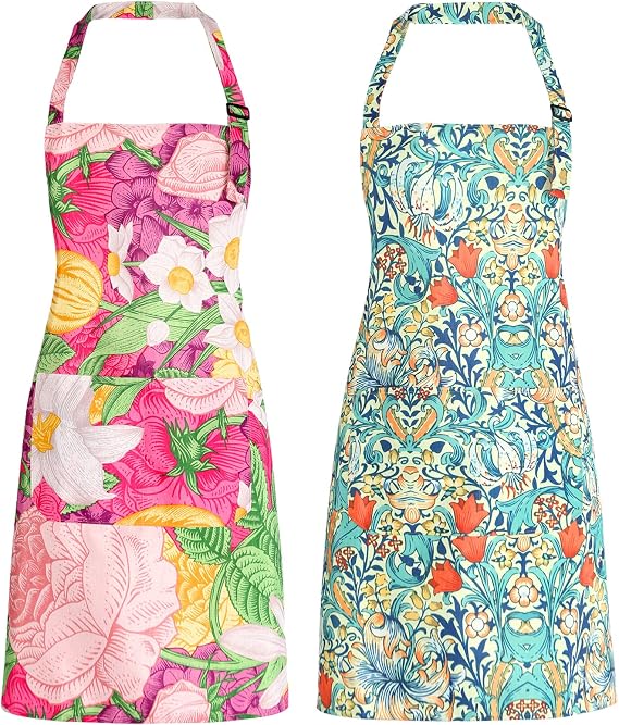 Floral Apron for Women with Pockets, 2Pcs Adjustable Canvas Apron for Cooking, Baking, Gardening, Crafts