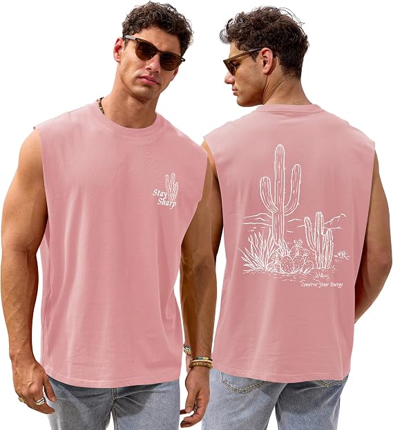 VOGSTART Mens Summer Graphic Tank Casual Cotton Sleeveless Cutoff Shirts