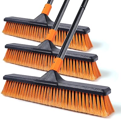 3 Set 18 Push Brooms Outdoor with 65” Extendable Long Handle, Stiff Bristle Heavy Duty Broom for Indoor and Outdoor, Bathroom, Kitchen, Tub, Tile, Patio, Deck, Concrete, Commercial Brooms