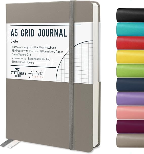 STATIONERY ISLAND A5 Squared Notebook, Graph Paper Journal with 120gsm Premium Thick Paper, 180 Pages Hardback Grid Note book for Writing, Working, Study, Slate
