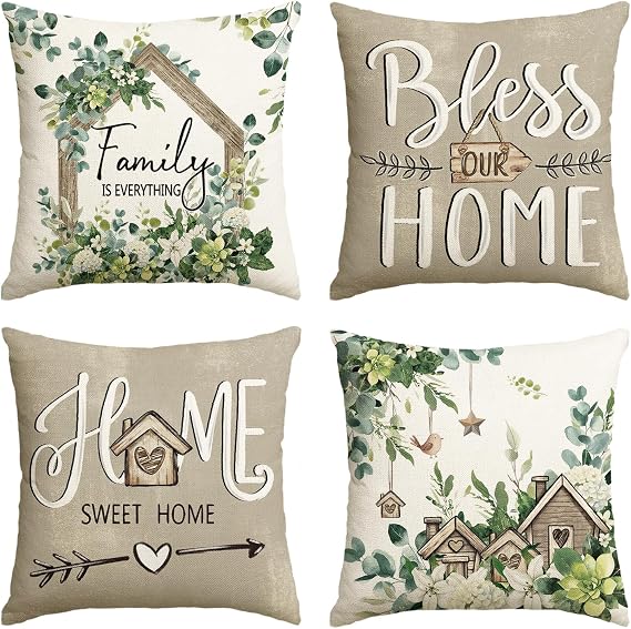 AVOIN colorlife Spring Floral Eucalyptus Pillow Covers 18x18 Inch Set of 4