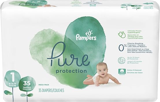 Pampers Pure Baby Diapers, Size 1 8-14 lbs, 82, Up to 100% Leakproof, Premium Hypoallergenic Soft Diapers