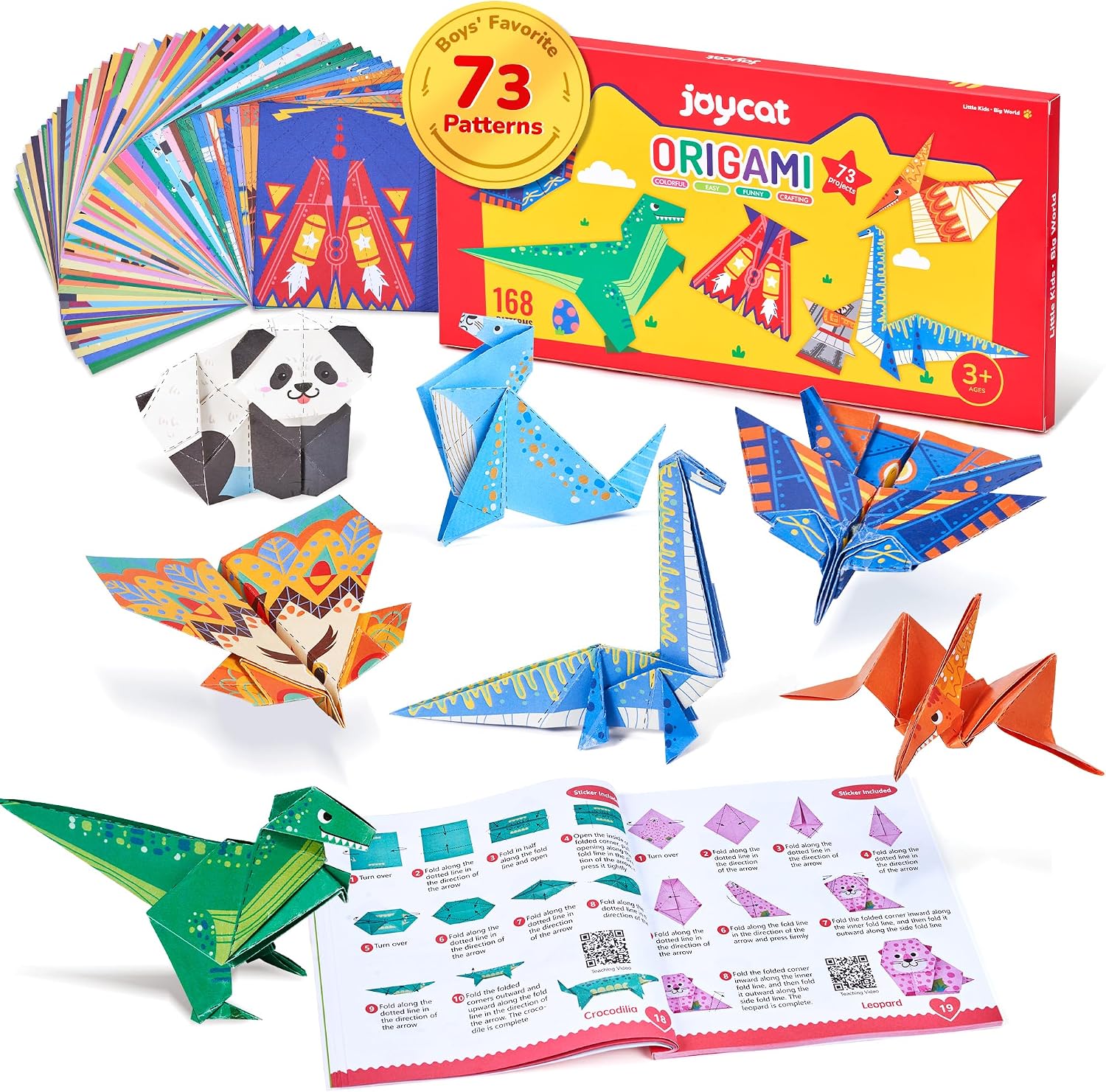 JoyCat Origami Paper Kit for Kids,180 Sheet 5.5x5.5 Colorful Paper,73 Dinosaur & Paperplane Style with Instruction Book,Art&Crafts Supply Set for Ages 5-12 boy,Ideal DIY&Educational Toy,Gift for Kids