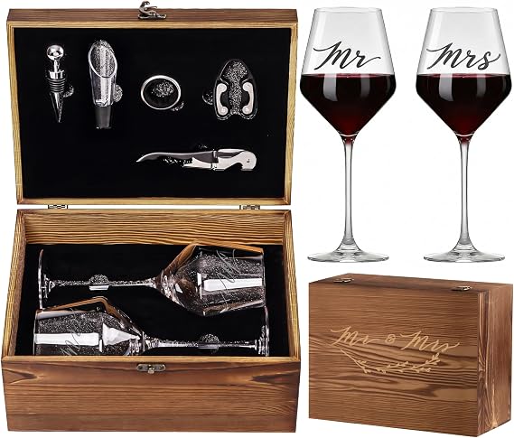Wedding/Anniversary/Engagement/Bridal Shower and Bachelorette Gifts for Couples,Bride & Newlywed, Engraved Mr and Mrs Wine Glasses with 5-Piece Wine Accessory Kit