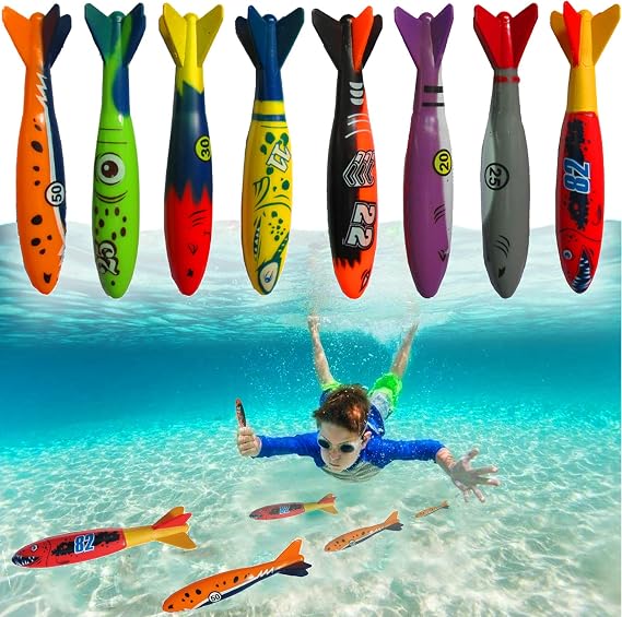 Haktoys Pool Diving Toy Set Sinking Torpedoes for Kids & Adults | Fast-Sinking Pool Torpedo Rockets for Swim Training, Underwater Games & Water Play Set of 8 Pieces