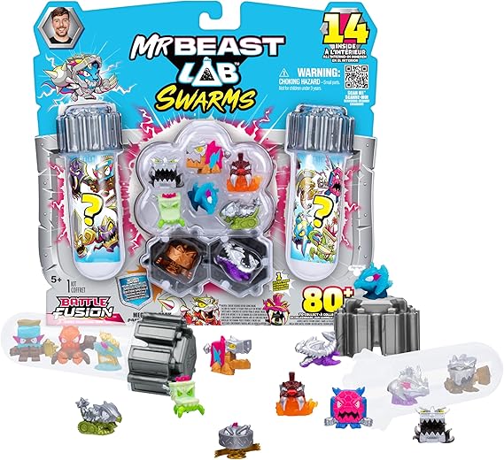 MrBeast Lab Swarms Battle Fusion Series Mega Lab Pack – Includes 14 Micro Beasts with Ultra Rare Serpent Spear, 80+ to Collect, Stickers & Stackable Fusion Caps for Display