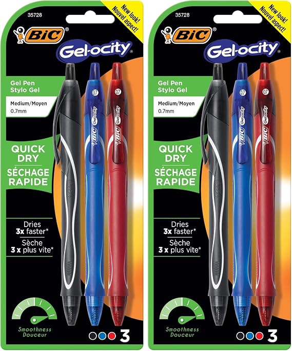BIC Gel-Ocity Quick Dry Gel Pens, Medium Point Retractable Gel Pen (0.7mm), Assorted Colors, 3-Count (Pack of 2)