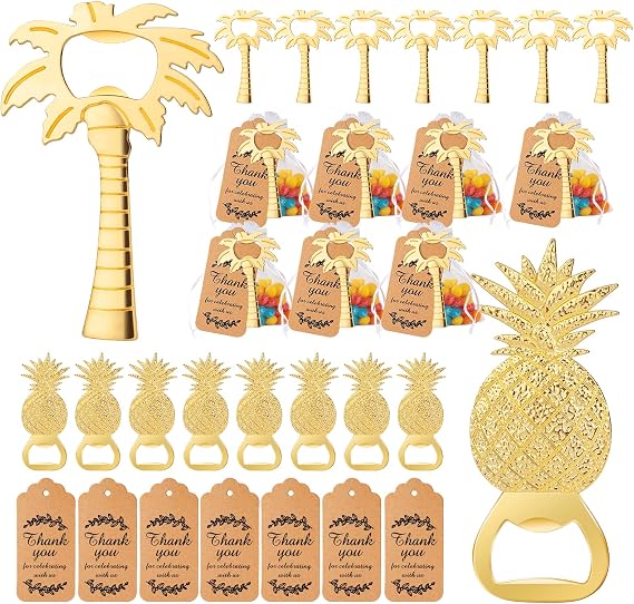 24 Pieces Coconut Tree and Pineapple Bottle Opener Set Hawaiian Party Favors for Guests, Wedding Favors for Guests Bulk Tropical Beach Party Decorations with Gift Bags and Thank You Card