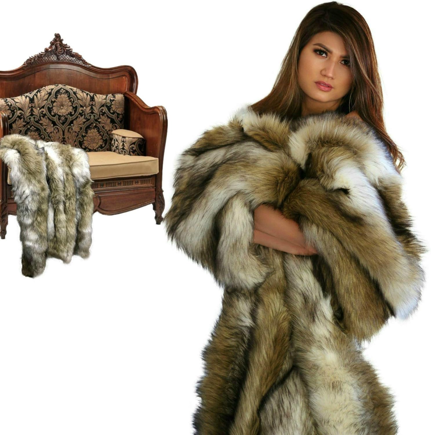 Plush Throw - Luxurious GrayTan and Brown Wolf - Premium Quality Faux Fur - Designer Throw Blanket - Soft Minky Cuddle Fur Lining (2'x4')