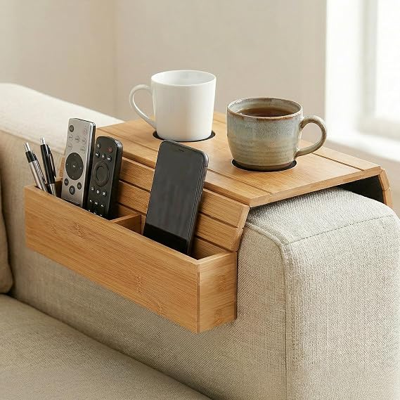 Bamboo Sofa Arm Tray with Cup Holder, Foldable Couch Arm Table with Anti-Slip Base, Wooden Armrest Organizer for Drinks, Snacks, and Remote Control