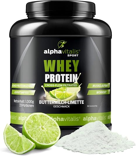 Whey Protein Powder 1 kg - CFM Whey Concentrate Buttermilk Lime Cremiges leckeres WPC Eiweißpulver für Proteinshakes Kraftsport & Fitness – cross-flow-mikrofiltriert ideal für Muskelaufbau