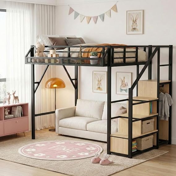 Metal Loft Bed with Reversible Staircase, Storage & Wardrobe, Full Loft Bed Frame with Safety Guardrail, Space-Saving Loft Beds for Kids Teens Adults, Bedroom Dorm Small Apartment, Black
