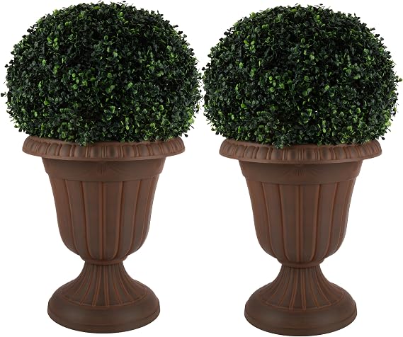 Pure Garden Flower Pots Outdoor Planter, Brown, 16x18-Inch, 2-Pack | Decorative Urn Planters - Plastic Plant Pots for Indoor, Outdoor Deck, Backyard, Patio, or Front Porch Decor