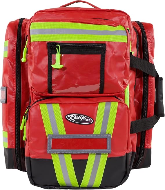 Kemp USA Heavy-Duty EMT Bag, Made with Fluid-Resistant Tarpaulin Material - Emergency Survival Kit with Room for D O2 Tank - Medical Backpack with Multiple Handles (Tarpaulin Fabric Red)