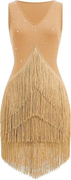 IWEMEK Rhinestones Fringe Tassel Latin Dance Dress for Women Competition Ballroom Dance Costumes Tango Salsa Flapper Dresses