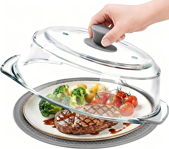 Glass Microwave Splatter Cover for Food with Microwave Place Mat - Sturdy Plate Guard Lid with Vent Holes and Easy-Grip Silicone Handle - BPA Free, Dishwasher Safe (Grey)