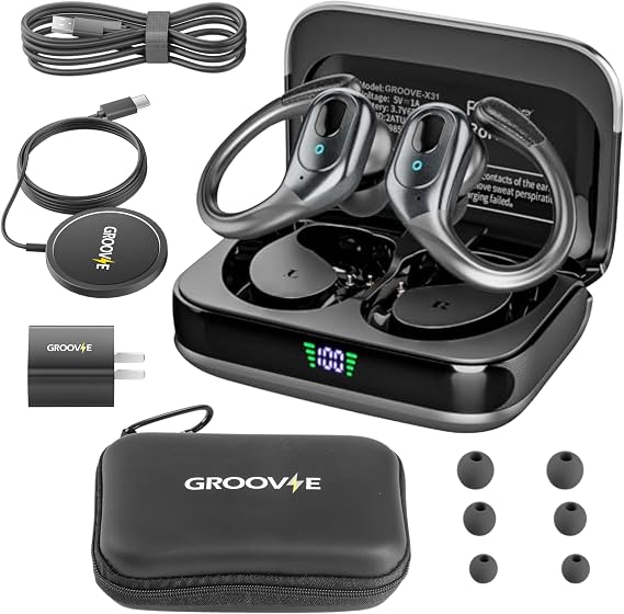 Groove 4-in-1 Wireless Earbuds w/Charging Case - 80 Hours Playtime Wireless Headphones Bluetooth 5.3 IPX7 Waterproof Noise Cancelling Earphones w/LED Light Display | Phone Charging Pad Electronics