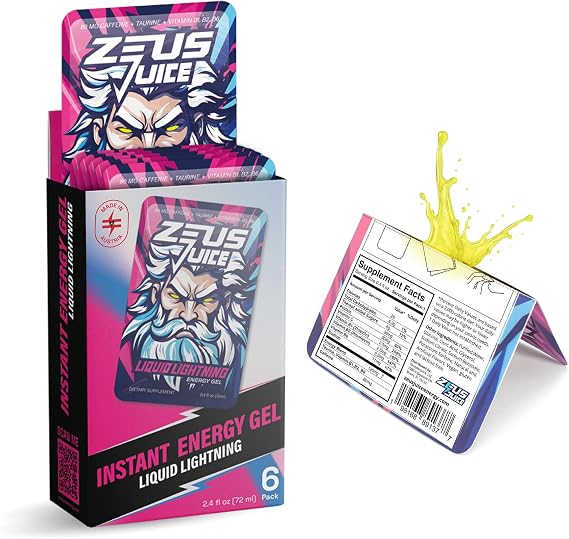 Zeus Juice Instant Energy Gel 80 mg Natural Caffeine, Clean Pre-Workout, On-The-Go Booster for Endurance & Focus | Fast-Acting Energy, Vegan, Gluten-Free, B Vitamins | 6 Pack (Citrus Thunder)