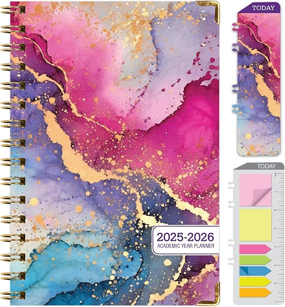 HARDCOVER Academic Year 2025-2026 Planner: (June 2025 Through July 2026) 5.5"x8" Daily Weekly Monthly Planner Yearly Agenda. Bookmark, Pocket Folder and Sticky Note Set (Rainbow Gold Marble)